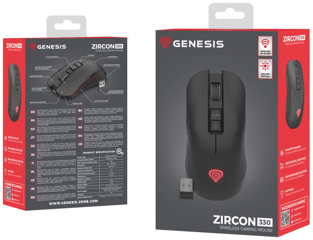 RATON GAMING INALAMBRICO GENESIS ZIRCON 330 SENSOR PAW3212 3600 DPI - detalle