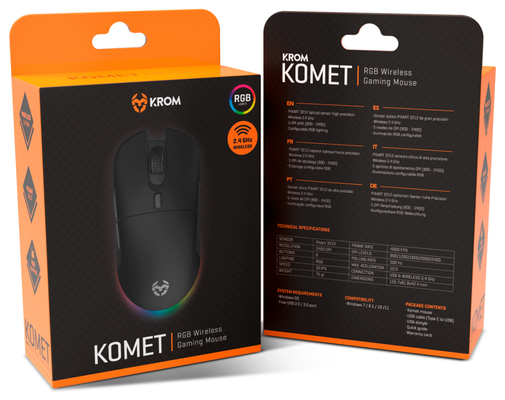 RATON KROM KOMET GAMING RGB WIRELESS NEGRO - detalle