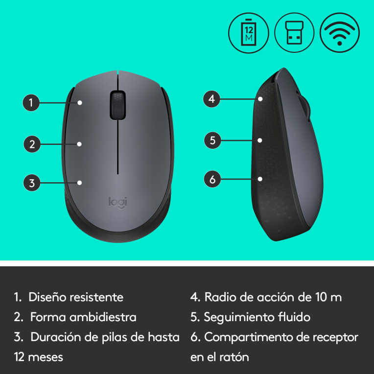 RATON LOGITECH M170 NEGRO GRIS RF INALAMBRICO PILAS - detalle