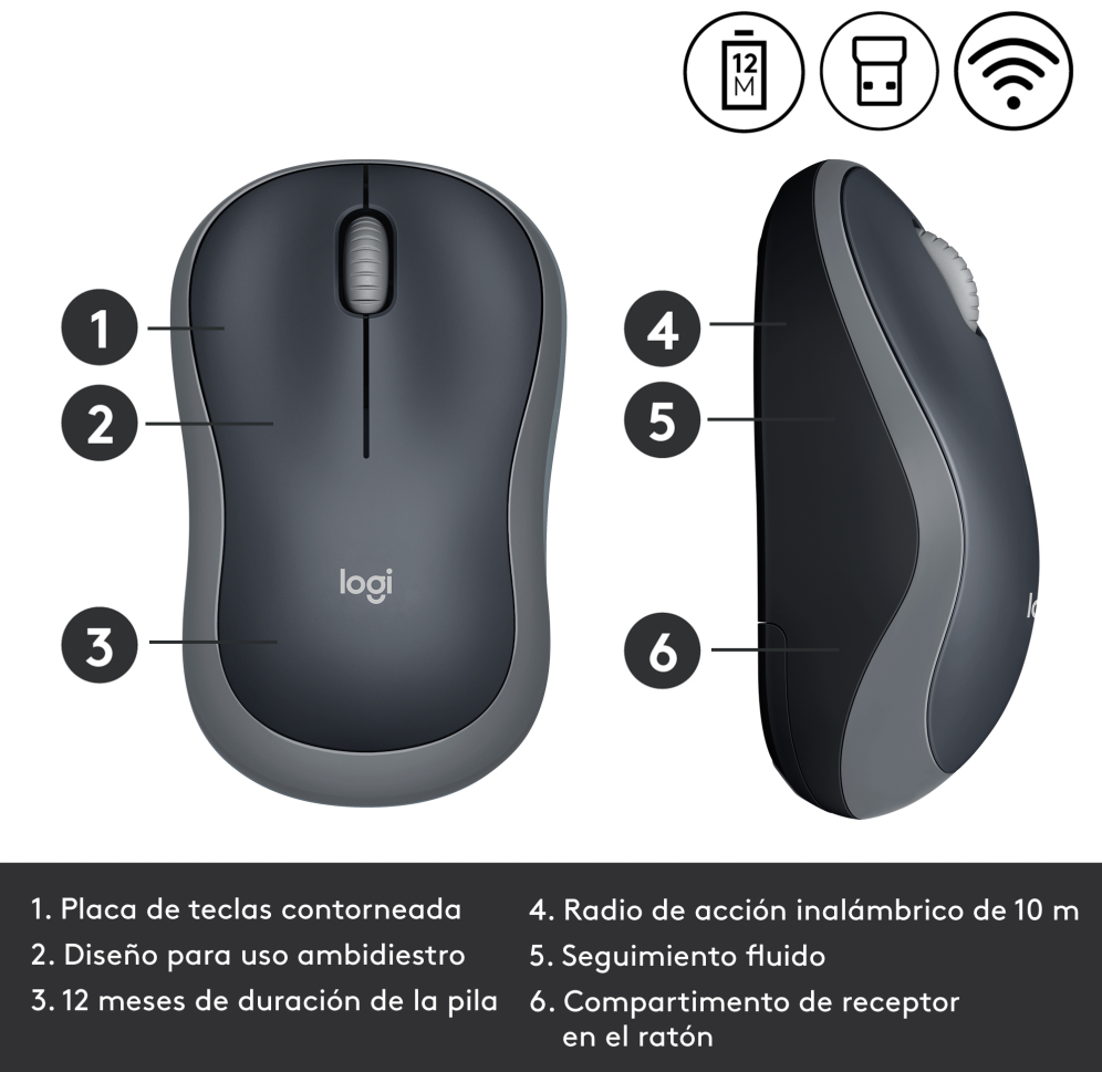 RATON LOGITECH M185 GRIS RF INALAMBRICO PILAS - detalle