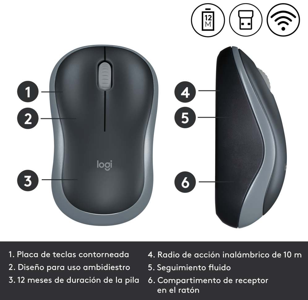 RATON LOGITECH M185 NEGRO GRIS RF INALAMBRICO PILAS - detalle