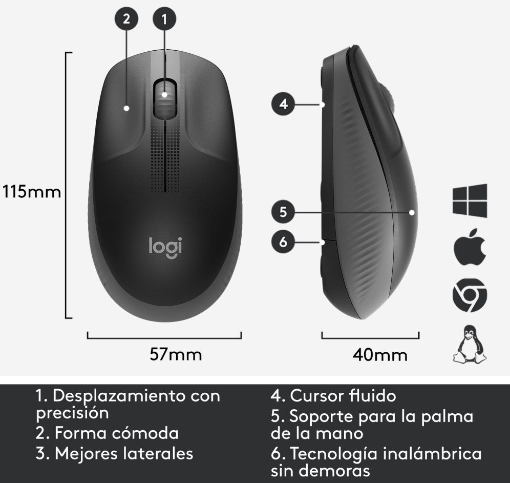 RATON LOGITECH M190 NEGRO GRIS RF INALAMBRICO PILAS - detalle