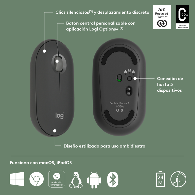 RATON LOGITECH PEBBLE MOUSE M350S GRAFITO BLUETOOTH PILAS - detalle