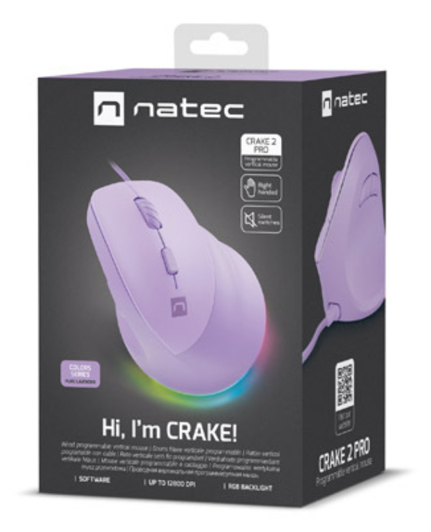RATON NATEC CRAKE 2 PRO VERTICAL DIESTRO 12.800 DPI OPTICO LAVANDA USB - detalle