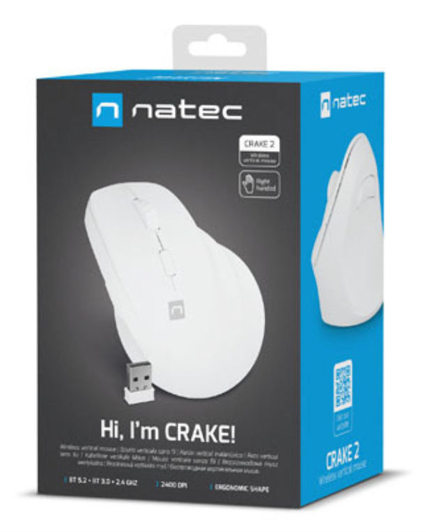 RATON NATEC CRAKE 2 VERTICAL DIESTRO DUAL 2400 DPI BLANCO BLUETOOTH PILAS - detalle