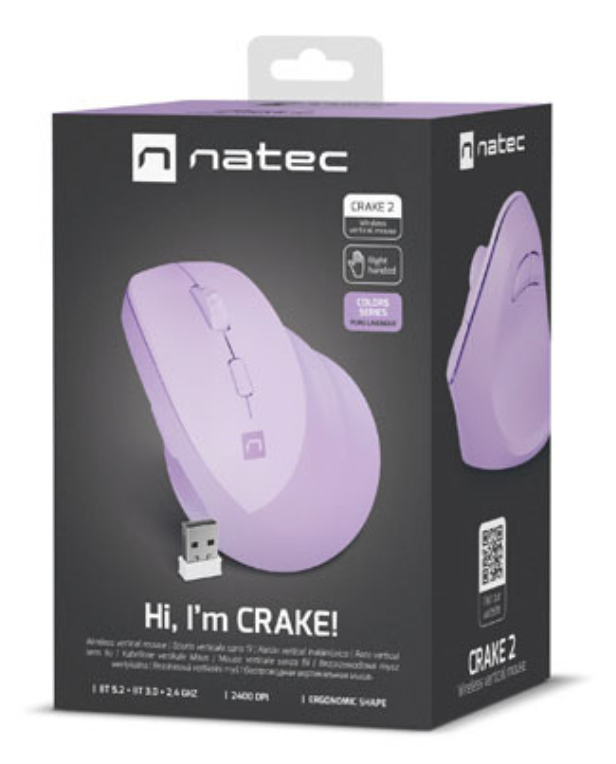 RATON NATEC CRAKE 2 VERTICAL DIESTRO DUAL 2400 DPI LAVANDA BLUETOOTH PILAS - detalle