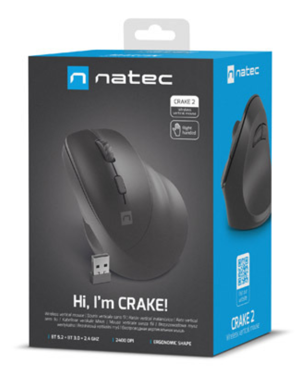 RATON NATEC CRAKE 2 VERTICAL DIESTRO DUAL 2400 DPI NEGRO BLUETOOTH PILAS - detalle