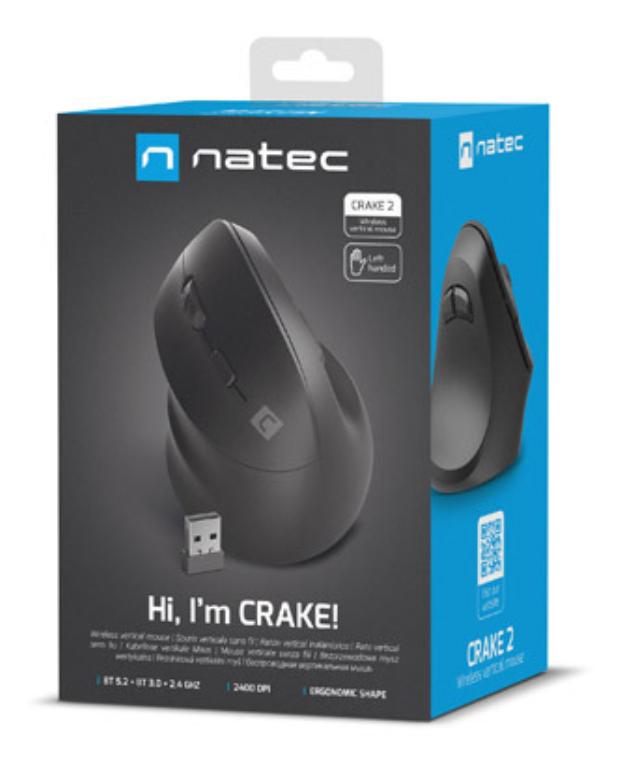 RATON NATEC CRAKE 2 VERTICAL ZURDO DUAL 2400 DPI NEGRO BLUETOOTH PILAS - detalle
