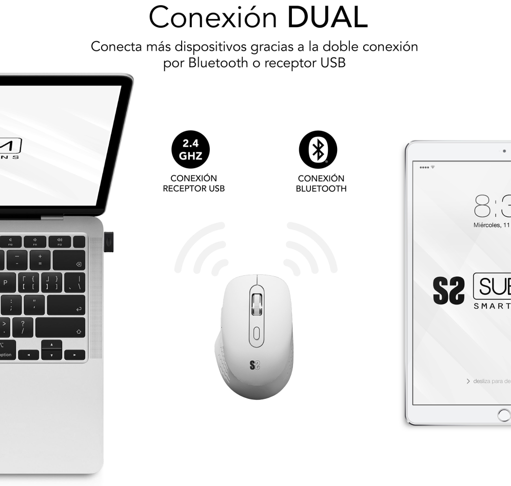 RATON SUBBLIM CURVE ERGO DUAL BLANCO BLUETOOTH BATERIA RECARGABLE - detalle