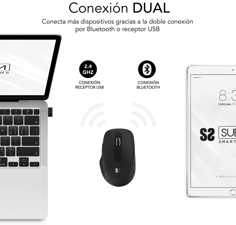 RATON SUBBLIM CURVE ERGO DUAL BLANCO BLUETOOTH BATERIA RECARGABLE - detalle