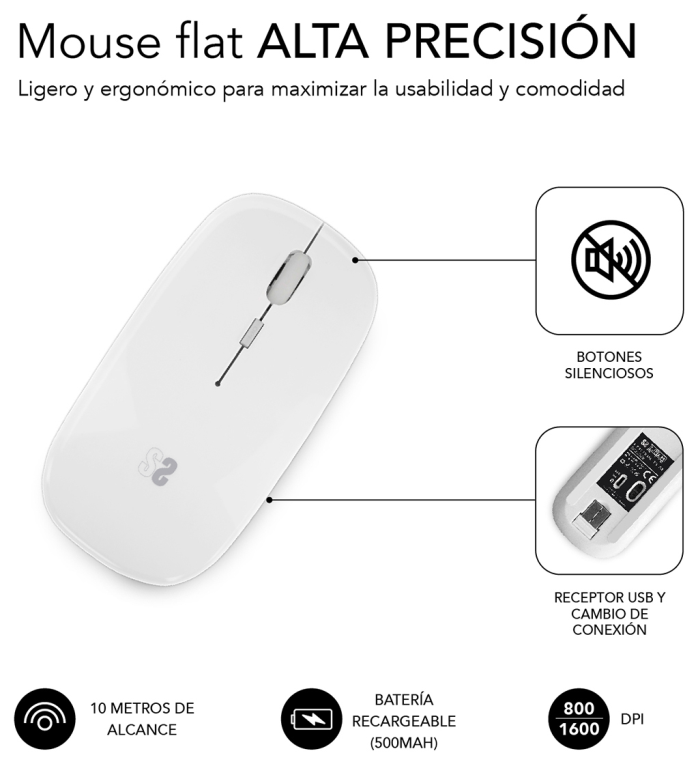 RATON SUBBLIM DUAL FLAT WHITE BLUETOOHT BATERIA RECARGABLE - detalle