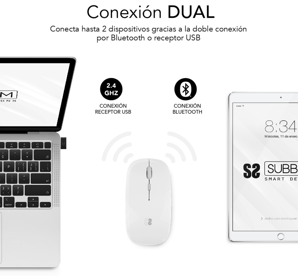 RATON SUBBLIM DUAL FLAT WHITE BLUETOOHT BATERIA RECARGABLE - detalle