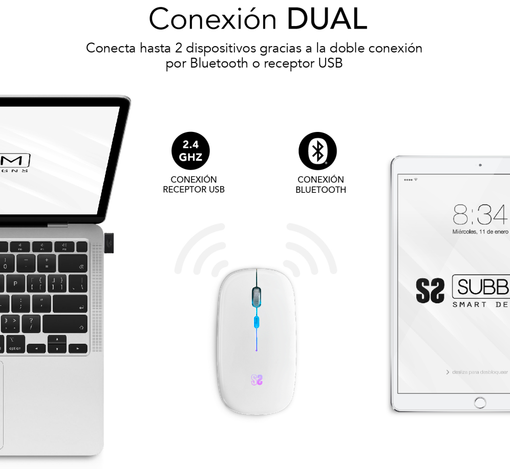 RATON SUBBLIM LED DUAL FLAT RGB WHITE BLUETOOHT BATERIA RECARGABLE - detalle