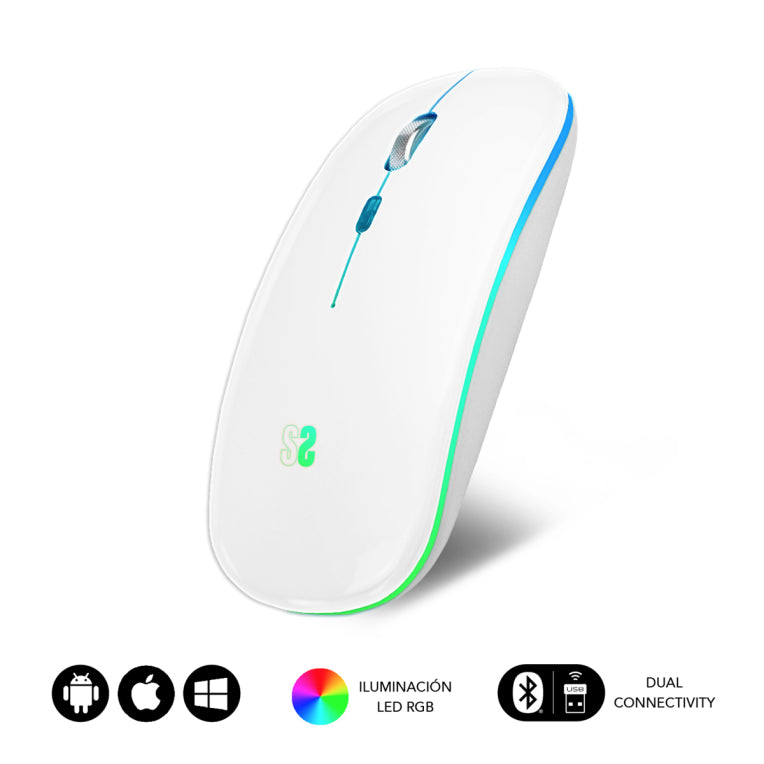 SUBBLIM Ratón Inalámbrico Bluetooth + RF RGB LED Dual Flat Mouse White