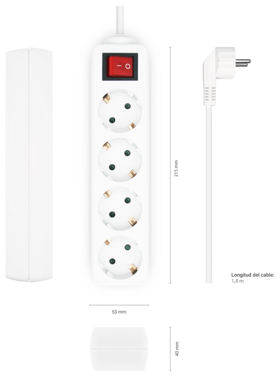 REGLETA AISENS BASE 4 TOMAS INTERRUPTOR CABLE 3x1.5MM2 1.4M BLANCO - detalle