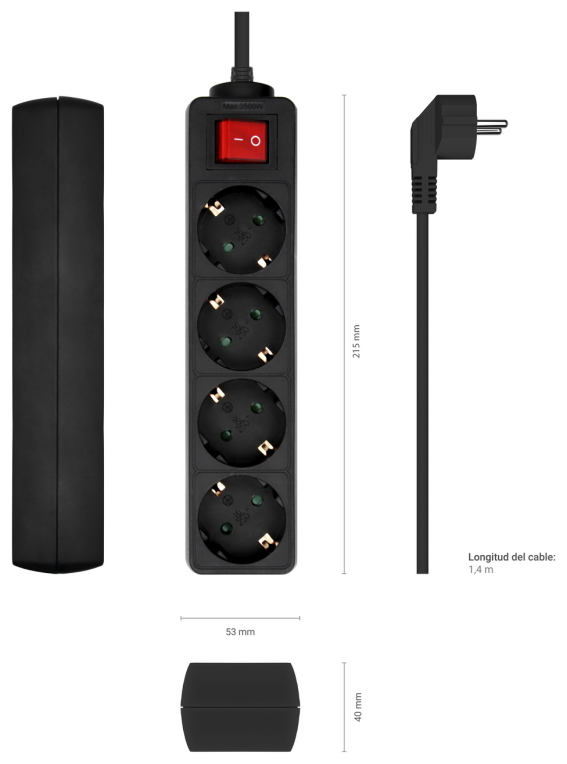 REGLETA AISENS BASE 4 TOMAS INTERRUPTOR CABLE 3x1.5MM2 1.4M NEGRO - detalle