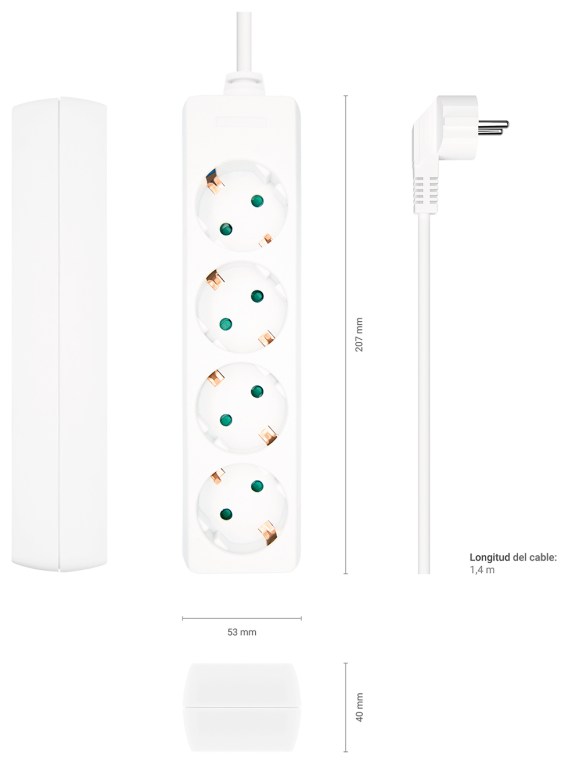 REGLETA AISENS BASE 4 TOMAS SIN INTERRUPTOR CABLE 3x1.5MM2 1.4M BLANCO - detalle