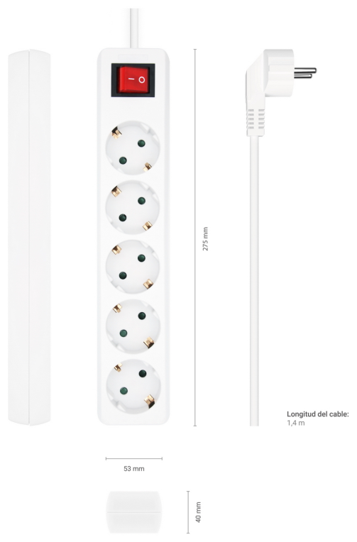 REGLETA AISENS BASE 5 TOMAS INTERRUPTOR CABLE 3x1.5MM2 1.4M BLANCO - detalle