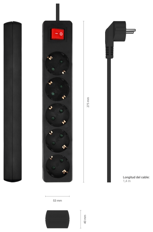 REGLETA AISENS BASE 5 TOMAS INTERRUPTOR CABLE 3x1.5MM2 1.4M NEGRO - detalle