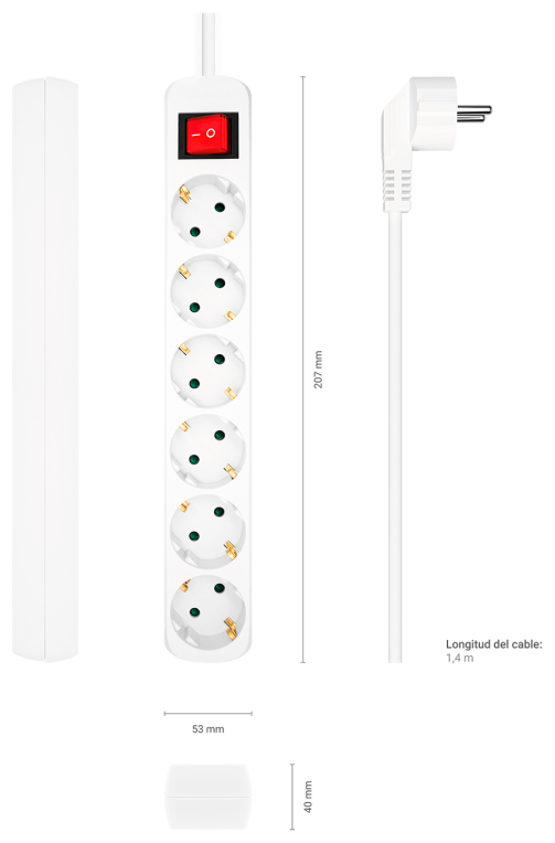 REGLETA AISENS BASE 6 TOMAS INTERRUPTOR CABLE 3x1.5MM2 1.4M BLANCO - detalle