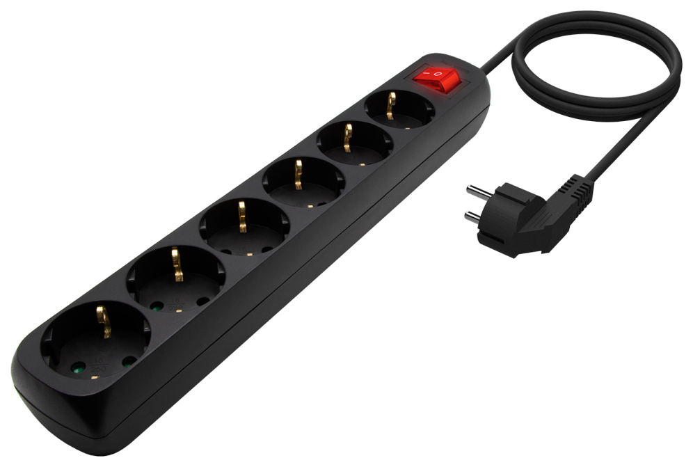 REGLETA AISENS BASE 6 TOMAS INTERRUPTOR CABLE 3x1.5MM2 1.4M NEGRO - detalle