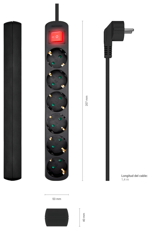 REGLETA AISENS BASE 6 TOMAS INTERRUPTOR CABLE 3x1.5MM2 1.4M NEGRO - detalle