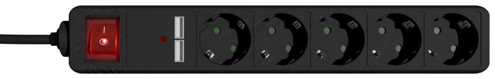 REGLETA CON CARGADOR USB, 5 ENCHUFES, 1.5 M, USB 2A, COLOR NEGRO - detalle