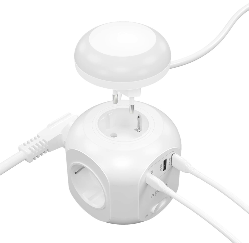REGLETA ENCHUFES AISENS 4 TOMAS + 1XUSB-C 20W PD3.0 2XUSB-A 18W QC3.0 LUZ 1.8M - detalle