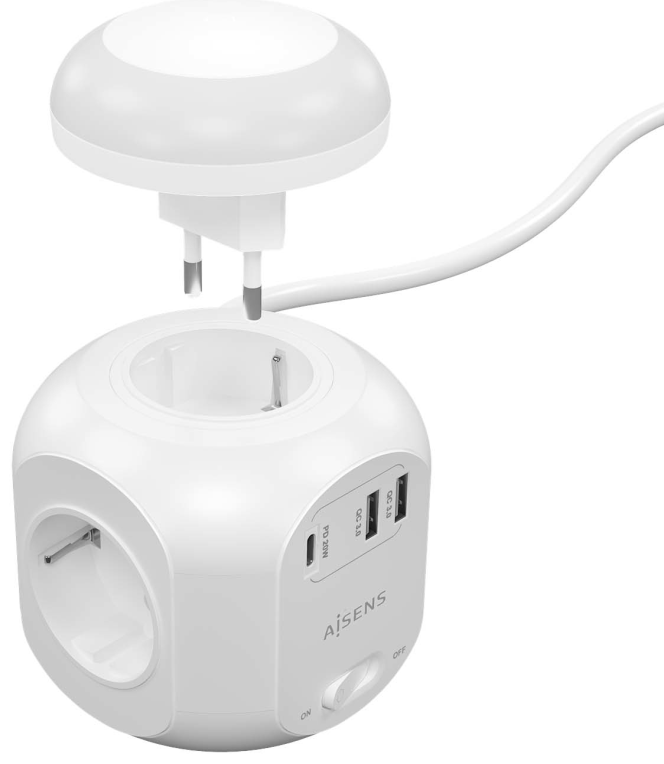 REGLETA ENCHUFES AISENS 4 TOMAS + 1XUSB-C 20W PD3.0 2XUSB-A 18W QC3.0 LUZ 1.8M - detalle
