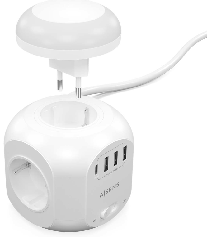REGLETA ENCHUFES AISENS 4 TOMAS + 1XUSB-C 3XUSB-A LUZ NOCTURNA 1.8M BLANCO - detalle