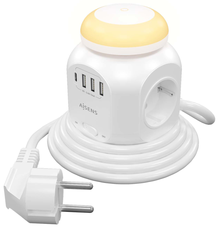REGLETA ENCHUFES AISENS 4 TOMAS + 1XUSB-C 3XUSB-A LUZ NOCTURNA 1.8M BLANCO