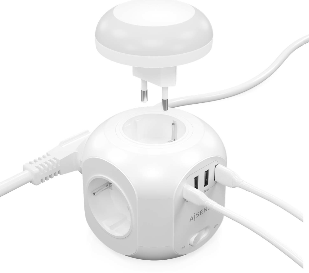 REGLETA ENCHUFES AISENS 4 TOMAS + 1XUSB-C 3XUSB-A LUZ NOCTURNA 1.8M BLANCO - detalle