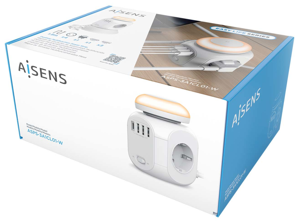 REGLETA ENCHUFES AISENS 4 TOMAS + 1XUSB-C 3XUSB-A LUZ NOCTURNA 1.8M BLANCO - detalle