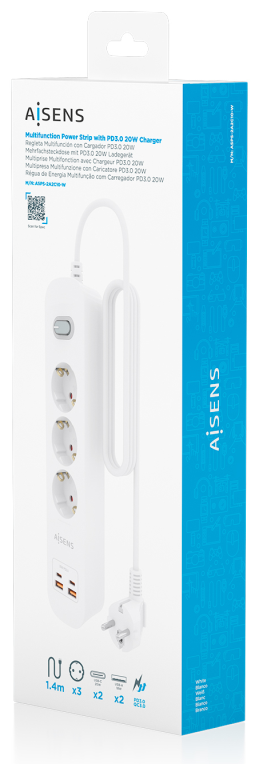 REGLETA ENCHUFES AISENS MULTIFUNCION 3 TOMAS+2xUSB-C 2xUSB-A 1.4M BLANCO - detalle