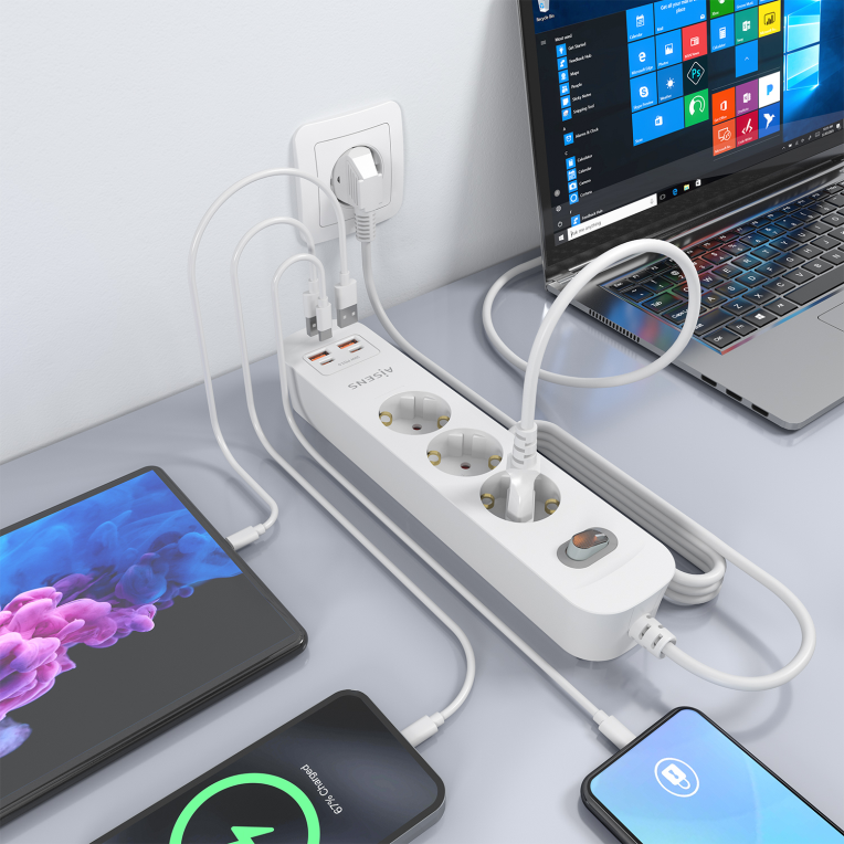REGLETA ENCHUFES AISENS MULTIFUNCION 3 TOMAS+2xUSB-C 2xUSB-A 1.4M BLANCO - detalle