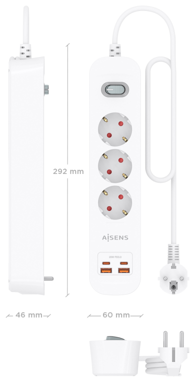 REGLETA ENCHUFES AISENS MULTIFUNCION 3 TOMAS+2xUSB-C 2xUSB-A 1.4M BLANCO - detalle