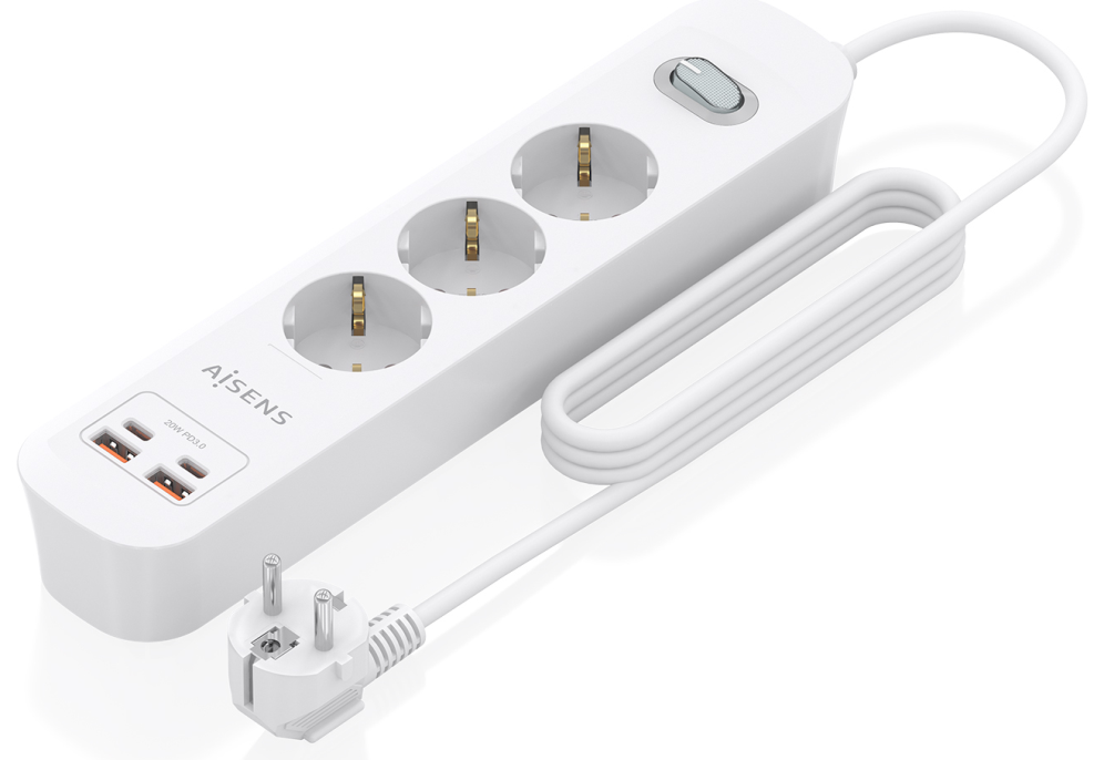 REGLETA ENCHUFES AISENS MULTIFUNCION 3 TOMAS+2xUSB-C 2xUSB-A 1.4M BLANCO