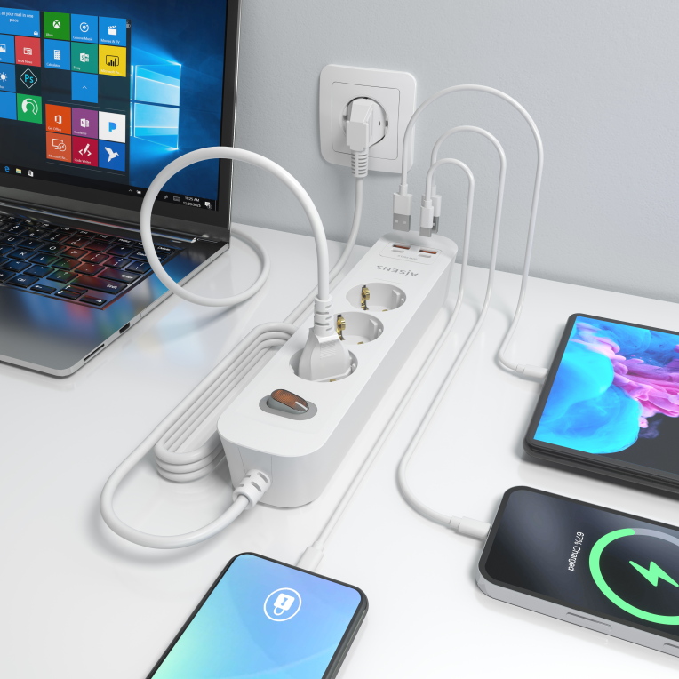 REGLETA ENCHUFES AISENS MULTIFUNCION 3 TOMAS+2xUSB-C 2xUSB-A 1.4M BLANCO - detalle