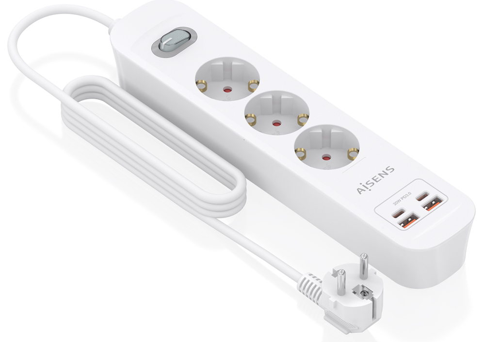 REGLETA ENCHUFES AISENS MULTIFUNCION 3 TOMAS+2xUSB-C 2xUSB-A 1.4M BLANCO - detalle