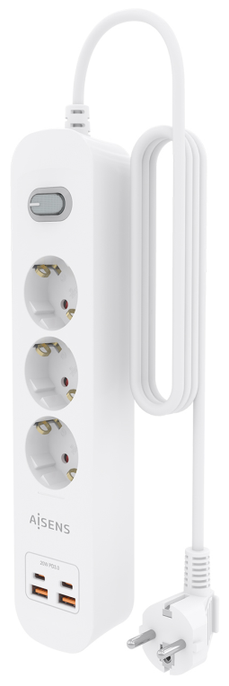 REGLETA ENCHUFES AISENS MULTIFUNCION 3 TOMAS+2xUSB-C 2xUSB-A 1.4M BLANCO - detalle
