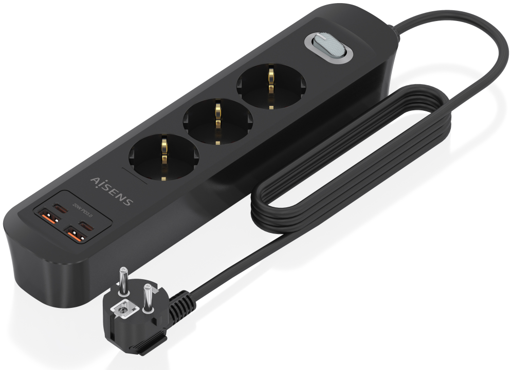 REGLETA ENCHUFES AISENS MULTIFUNCION 3 TOMAS+2xUSB-C 2xUSB-A 1.4M NEGRO