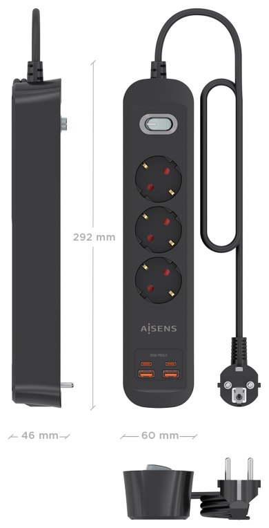 REGLETA ENCHUFES AISENS MULTIFUNCION 3 TOMAS+2xUSB-C 2xUSB-A 1.4M NEGRO - detalle