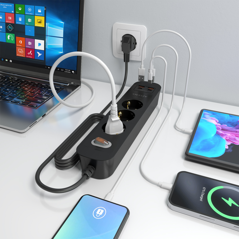 REGLETA ENCHUFES AISENS MULTIFUNCION 3 TOMAS+2xUSB-C 2xUSB-A 1.4M NEGRO - detalle