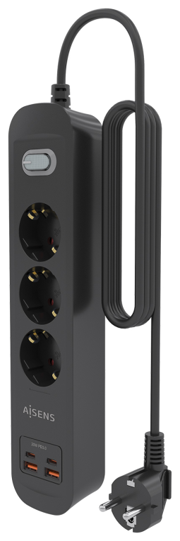 REGLETA ENCHUFES AISENS MULTIFUNCION 3 TOMAS+2xUSB-C 2xUSB-A 1.4M NEGRO - detalle