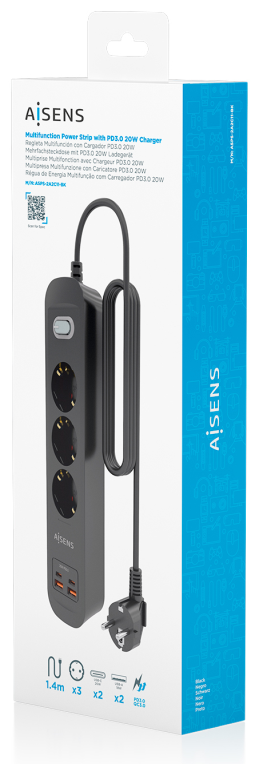 REGLETA ENCHUFES AISENS MULTIFUNCION 3 TOMAS+2xUSB-C 2xUSB-A 1.4M NEGRO - detalle