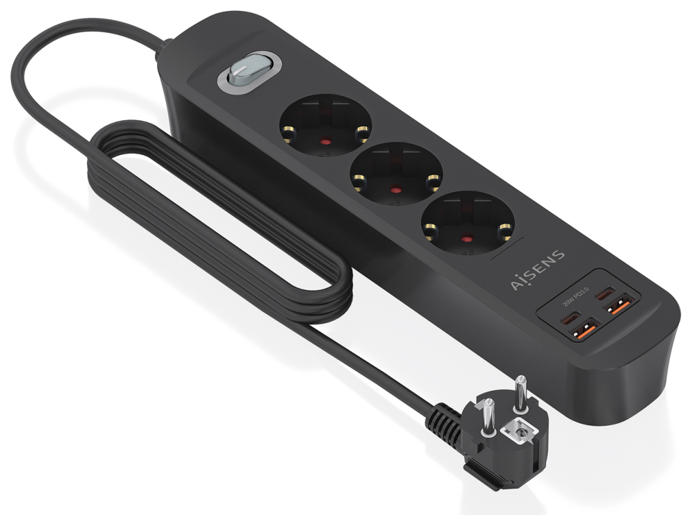 REGLETA ENCHUFES AISENS MULTIFUNCION 3 TOMAS+2xUSB-C 2xUSB-A 1.4M NEGRO - detalle