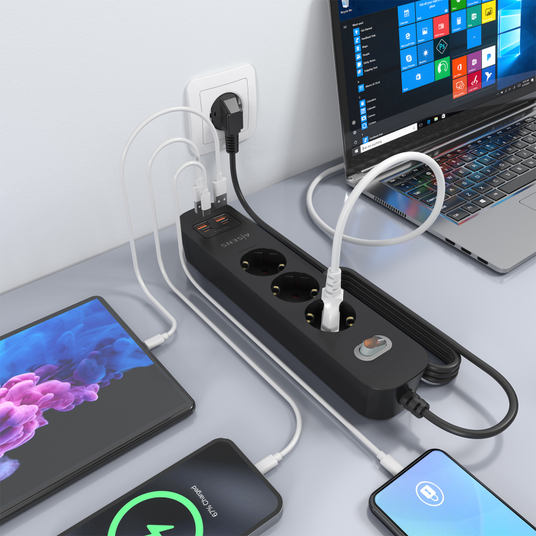 REGLETA ENCHUFES AISENS MULTIFUNCION 3 TOMAS+2xUSB-C 2xUSB-A 1.4M NEGRO - detalle