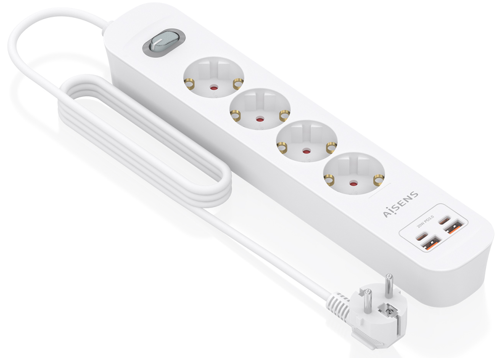 REGLETA ENCHUFES AISENS MULTIFUNCION 4 TOMAS+2xUSB-C 2xUSB-A 1.4M BLANCO - detalle