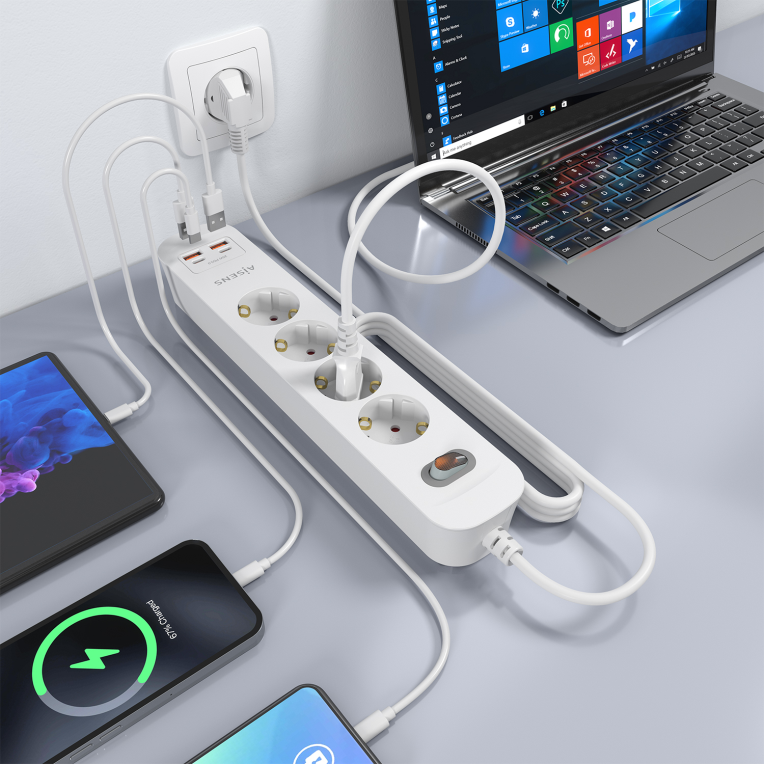 REGLETA ENCHUFES AISENS MULTIFUNCION 4 TOMAS+2xUSB-C 2xUSB-A 1.4M BLANCO - detalle