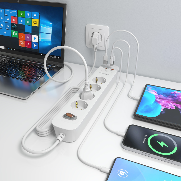 REGLETA ENCHUFES AISENS MULTIFUNCION 4 TOMAS+2xUSB-C 2xUSB-A 1.4M BLANCO - detalle